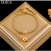 EILIECK 316L Stainless Steel Gold Color Bead Ball Necklace Bracelets Set For Women New Trendy Drawstrings Chain Jewelry Set