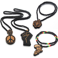 SOMEHOUR King Lion Africa Map Pendant Necklace String Wood Beads Chains Peace Symbol Power Fist Hiphop Jewelry For Women Men