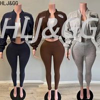 HLJ&GG Autumn Winter Embroidery Letter Jacket Two Piece Sets Women Zip Long Sleeve Crop Top And Skinny Pants Outfits Tracksuits