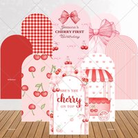 Girls Cherry Theme First Birthday Party Arch Backdrop Cover Red Pink Bow Baby Shower Newborn Photography Backgrounds Doubleside