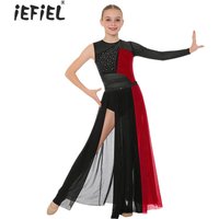 Kids Girls Shiny Rhinestones Gymnastics Ballet Leotards Dress Lyrical Dance Performance Costume Zipper Side Split Mesh Dresses