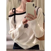 Mode Herbst Frauen Gestrickte Top Pullover Off-schulter Pullover Elegante Koreanische Stil Strickwaren Langarm Casual Herbst Kleidung