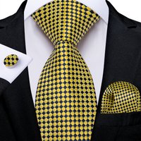 2023 Luxury Yellow Black Plaid Dot Silk Ties for Men 8cm Wedding Party Groom Accessories Necktie Handkerchief Cufflinks Gift