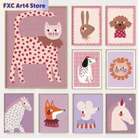 Frameless Cartoon Cute Animals Illustration Poster Dog Cat Mouse Lion Unicorn Canvas Painting Wall Art for Kids Room Home Decor