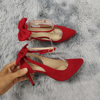 Loslandifen Women Pumps Pointed Toe Ankle Strap Sandals Slingback Pumps Bow High Heels Kitten Heel Party Red Wedding Dress Shoes