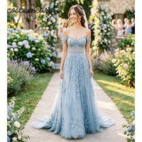 Dusty Blue Off The Shoulder Wedding Dress Sweetheart Illusion Lace Bodice Floral Lace Applique Tulle A Line Colored Bride Gowns