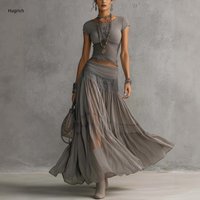 Boho Style Lace Fringe Crop Tee High Rise Ruched Waist Tiered Crinkled Chiffon Long Skirt Semi Sheer Flowy Two Piece Set