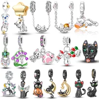 925 Sterling Silver Black Cat Charms Beads Fit Original Bracelets Bag Keychain Charms Beads Pendant Diy Women Jewelry Gift