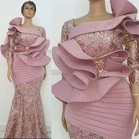Lavender Long Sleeve Mermaid Mother of The Bride Dresses 2026 Lace Stain African Aso Ebi Ruffles Mother Occasion Gown