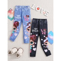 Girls' 2pcs Cute Heart & Character Print Soft Knit Leggings - Mock Denim Style - Comfy Summer Outfit