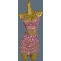 Sparkly Pink Crystals Diamonds Mini Dress Women Luxury Sexy Mesh Party Gowns Celebrate Evening Prom Birthday Clothing Fanwan