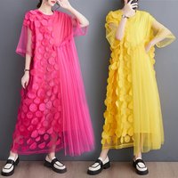 Summer New Loose A-Line Dr Irregular Splicing Crt Polka Dot Netting Mid-Length Design Casual Sle Polyester Cotton Blend