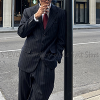 Schwarz gestreifte elegante Herrenanzüge, 2-teilig, schick, mit spitzem Revers, Business-Casual, High-Street-Stil, vorne flach, gerade geschnitten, für Abschlussball und Party