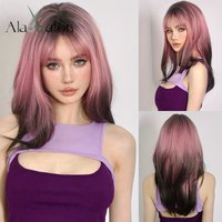 ALAN EATON Pink to Brown Synthetic Wigs Long Layered Wig with Bangs Ombre Straight Hair for Women Cosplay Party High Temperature