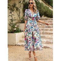 2024 Elegant High Quality Design summer long Dress Waist Cinching V-neck Print Elastic Waist Maxi Dresses for Women Clothing