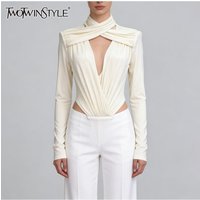 TWOTWINSTYLE Solid Hollow Out Spliced Folds Fashion Rompers for Women Stand Neck Long Sleeves Slimming Rompers Female Spring New