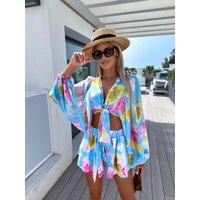 Summer deep V-neck beach style shorts suit Women's lantern sleeve loose jumpsuit Holiday Casual wear fashion print two-piece set