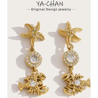 YACHAN 18K PVD Gold Plated Stainless Steel Dangle Earrings for Women Waterproof CZ Starfish Lobster Summer Ocean Beach Jewelry