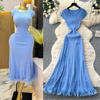 Long Dress Women Knit Dresses A Line Vestidos Y2k Streetwear Round Neck Short Sleeve Elegant Party Tight Waist Slim Fit 2026