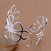 Fine 925 Sterling Silver Elegant Big Flower Wide Bangles Bracelets for Women Adjustable Jewelry Fashion Party Wedding Gifts