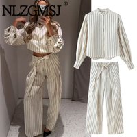 Nlzgmsj 2026 Spring Women Trendy Simple Striped Pants Set New Wide Leg Pants Casual Fashion Suits Y2K