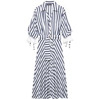 Women's Striped Long Dress with Belt New 2026 Spring Autumn Casual Shirt Style Pletaed Hem Dress Fashion Female Chic Dresses