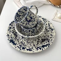 Round Dish Navy Blue Tableware Enamel Yogurt Oatmeal Breakfast Dishes Coffee Cups Fruit Salad Dishes Household Tableware