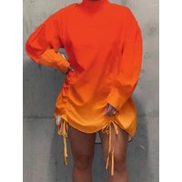 plus Size Tie Dye Half a Turtleneck Fold Design Casual Dress with Drawstring Long Sleeves Mini Dress