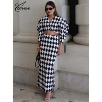 Oymimi Elegant White Print 2 Piece Sets Women Outfit Fashion V-Neck Button Three Quarter Sleeve Crop Shirt + Straight Skirts Set