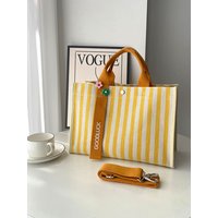 Japanese Style Versatile Striped Canvas Tote Bag Large Capacity A4 File Document Bag Fashionable Adjustable Crossbody Lunch Bag