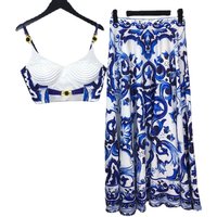Summer Bohemain Blue And White Porcelain 2 Pieces Set Women Spaghetti Strap Padded Cup Tank Camis Tops + Print Long Skirt Suit