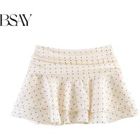 BSAY New Beige Polka Dot Skort Women High Waist Pleated Ruffle Layered Mini Skirt Summer Casual Beach Short Pants With Lining