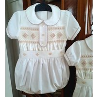 0-6Y Baby Boy Summer White Short Sleeves Handmade Embroidery Smocked Outfit Suit for Party Birthday Holiday A101