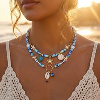 Bohemain Vintage Shell Starfish Turtle Multilayer Necklace for Women Ethnic Handmade Blue Beaded Necklaces Summer Beach Jewelry