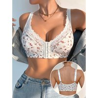 Women's Ditsy Floral Lace Mesh Bra Adjustable Straps Unlined Wireless Comfortable Daily Bralette for Women
