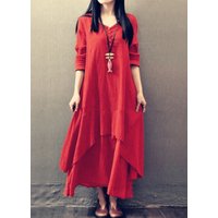 New high-quality fake two-piece long skirt artistic display linen dress loose long sleeved cotton linen skirt