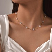 Heart Imitation Pearl Clavicle Chain Necklace, Stainless Steel Beaded Necklace Retro Elegant Jewelry For Women Girlfriend Gift