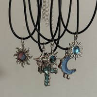 Y2k Stainless Steel Sun Moon Star Pendant Necklace for Men Black Leather Rope Jewelry