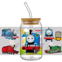 Cute Cartoon Train UV DTF Wraps Colorful Engine Stickers for 16oz Glass Cans Waterproof DIY Transfer Decals