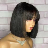 180 Density Brazilian Virgin Human Hair Straight Bob Wig With Bangs Pre Plucked Natural Hairline For Women Daily Wear Machine