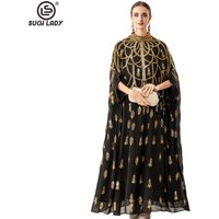 Women's Black Gold Beaded Embroidery Maxi Dress, Elegant High Neck Cape Sleeve Gown with Sequined Geometric Pattern Evening Robe