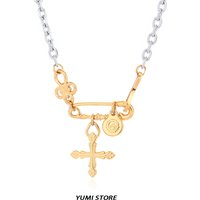 Retro Pinback Cross Flower Pendant Necklace For Man Woman Non-Fading Titanium Steel Sweater Clavicle Chain Couple Jewelry Gift