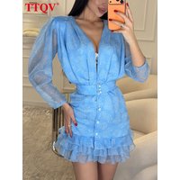 TTQV Fashion Loose Print Women Dress 2026 Sexy V-Neck Long Sleeve Mini Dresses Elegant Classic High Waist Pleated Female Dress