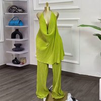 2026 Summer Casual Off-Shoulder Backless Choker Top with Pockets and Fashion Puff Sleeve Wide Leg Pants 2-Piece Set