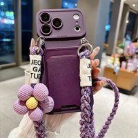 Cute 3D Flower Crossbody Lanyard Case For iPhone 17 Pro Max 12 13 14 15 Plus Card Holder Wallet Knit Strap Soft Silicone Cover