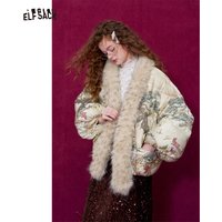 ELFSACK Women Puffer Down Jacket 2026 Winter Pony Print Fur Collar Lantern Sleeve New Oriental Style Casual Outerwear