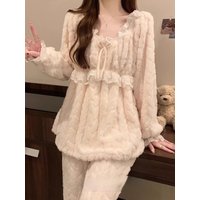 Princess Style Fleece Lined Thickened Women's Sleepwear Coral Velvet Winter Autumn Spring Home Clothes Set Sweet Cute Style
