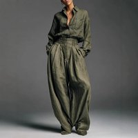Vintage Women's Two Piece Set Solid Color Loose Long Sleeve Shirt High Waist Trouser 2 Piece Sets Fashion Simple Lady Pants Suit