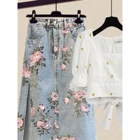 Summer Outfit Women's plus Size Short Sleeve Top And Denim Skirt Two Piece Set Slimming Effect Casual Chic Style