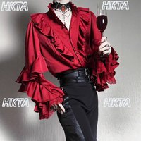 Lolita Long Sleeve Shirt Gothic Inner Wear Red Ruffles Batwing Sleeve Top 2026 Spring New Retro Medieval Burgundy Chiffon Blouse